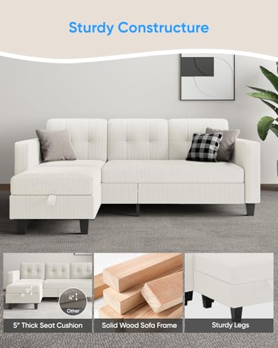 76 Inch L Shaped Corduroy Convertible Sectional Sofa with Reversible Storage Ottoman B953243