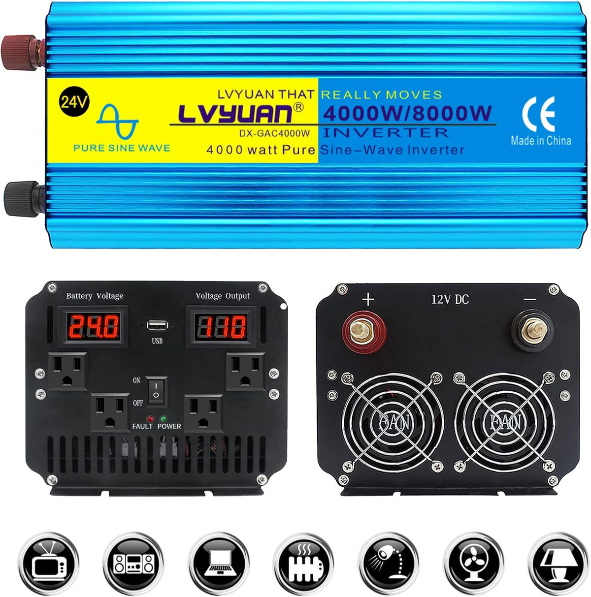 4000W Pure Sine Wave Power Inverter DC 24V to AC 110V/120V with Remote Control USB LED Display Y2748