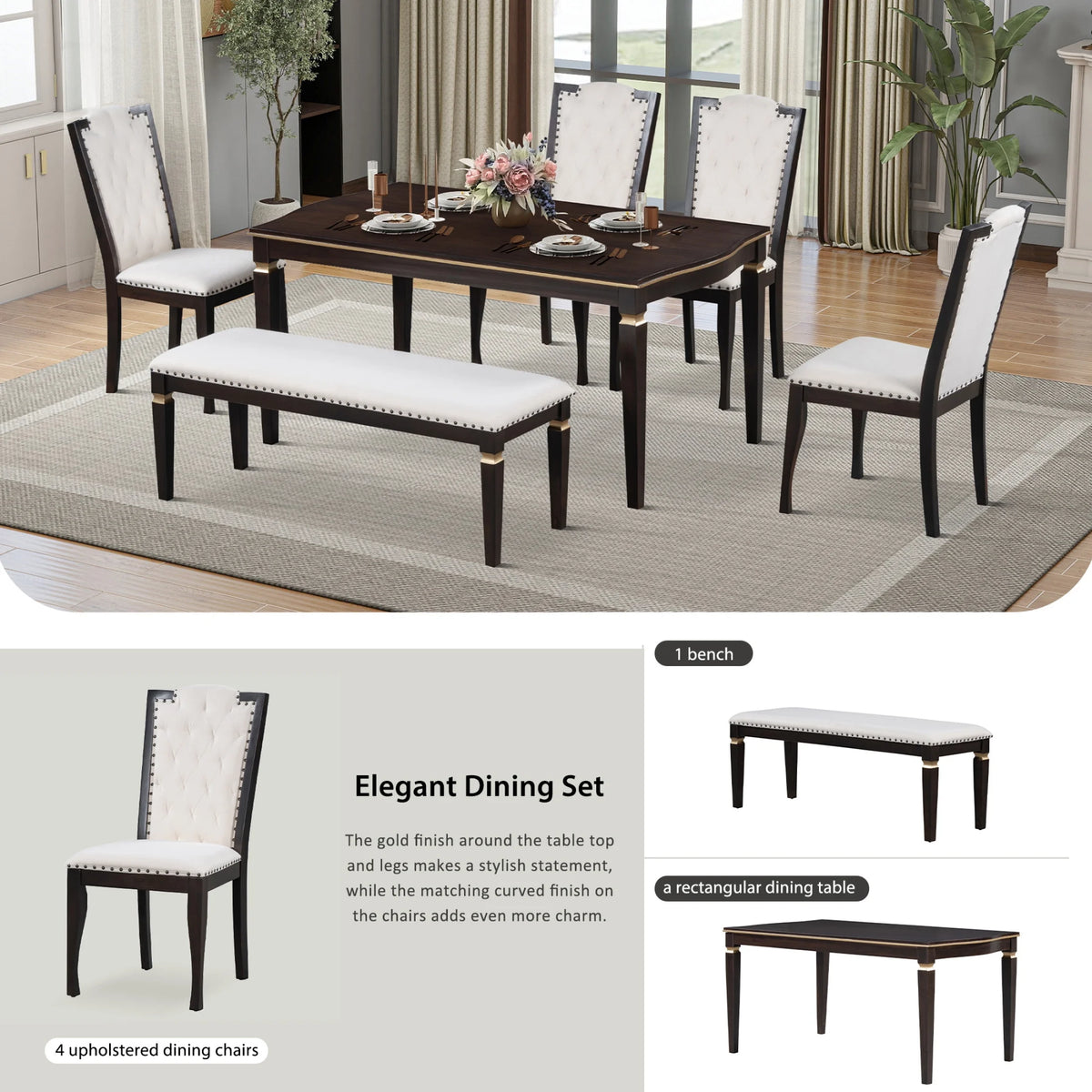 6 Piece Dining Table Set with 4 Chairs and Bench Espresso U750837