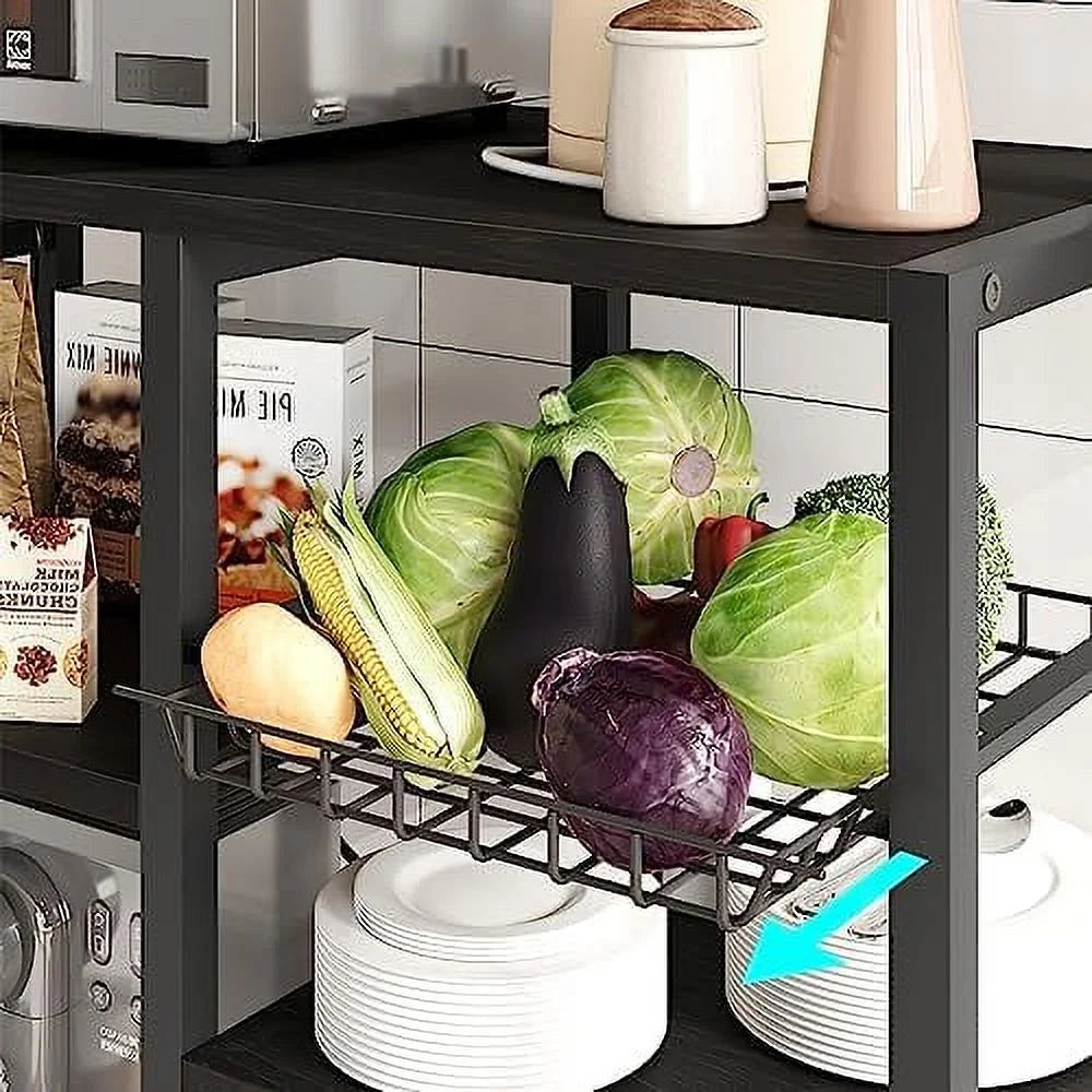 Rustic Black 6-Tier Kitchen Rack with Wire Drawer B700672