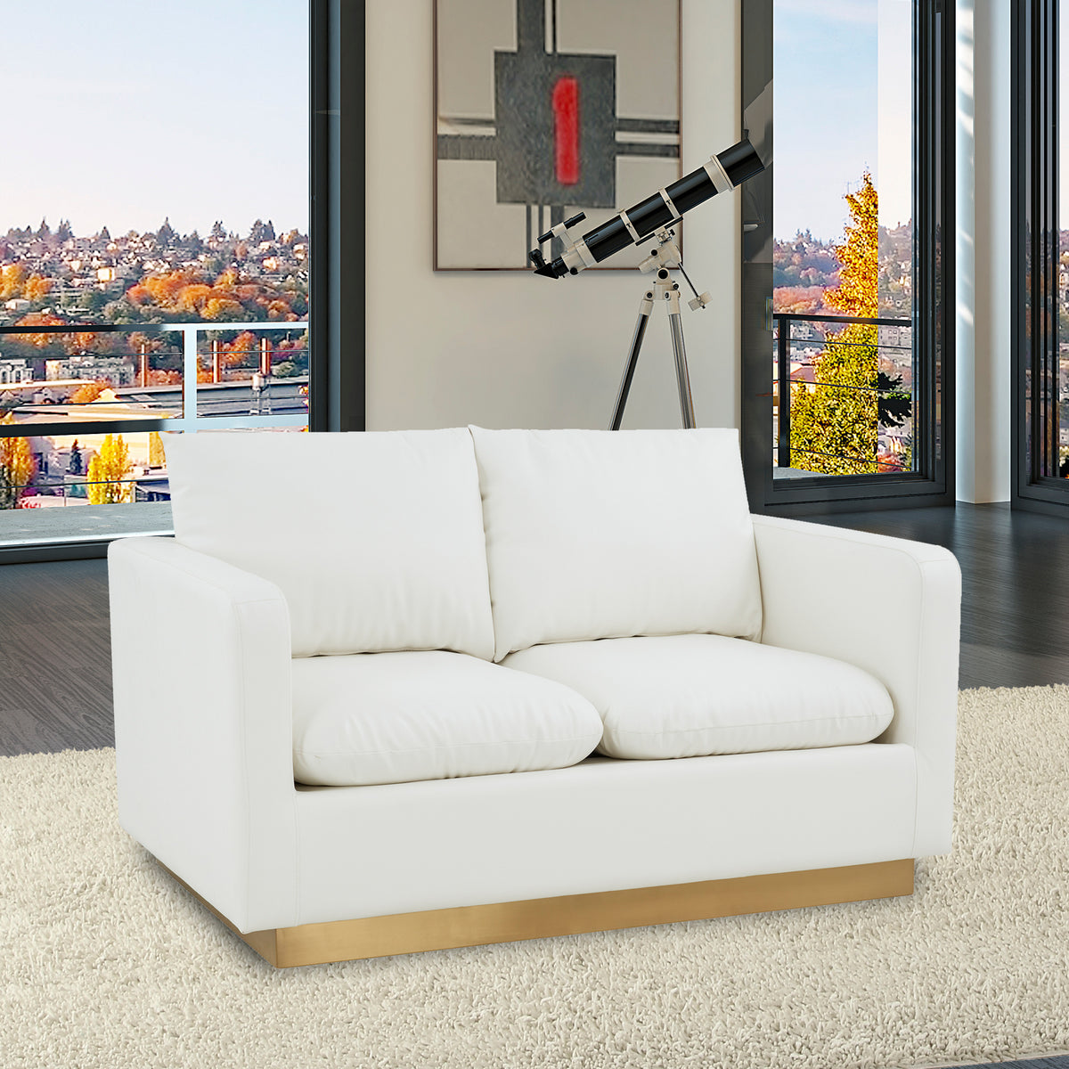 Modern Mid-Century Upholstered Leather Loveseat with Gold Frame Z47124