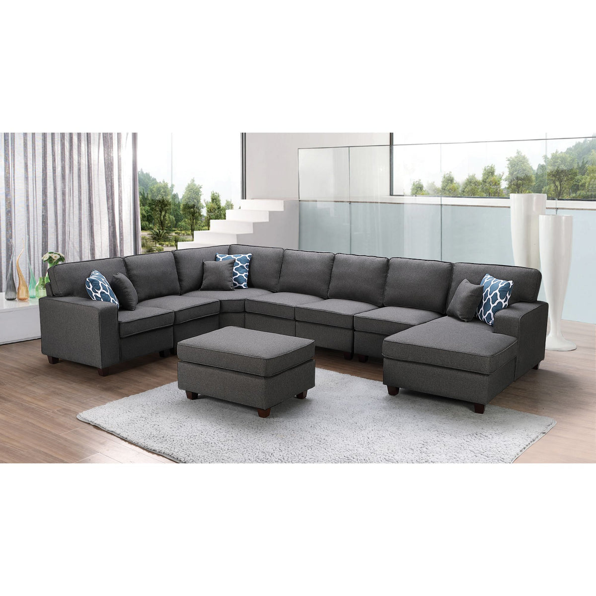 Dark Gray Linen Modular Sectional Sofa Chaise and Ottoman D6800