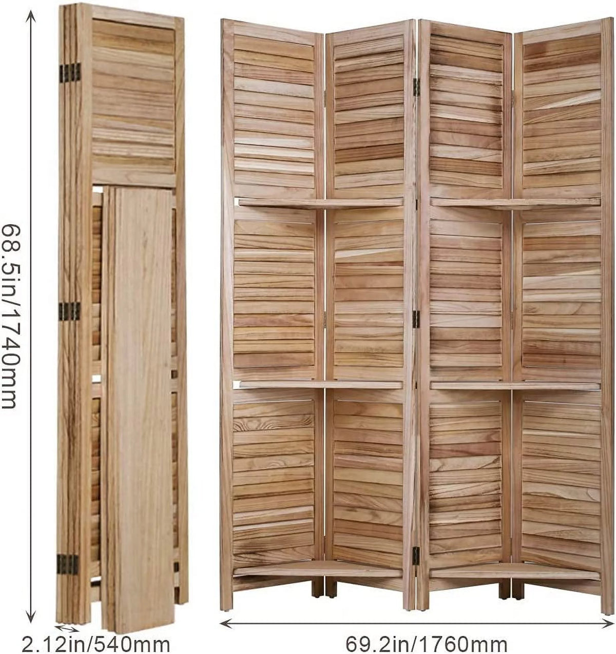 4 Panel Wood Room Divider with Shelves Z898630
