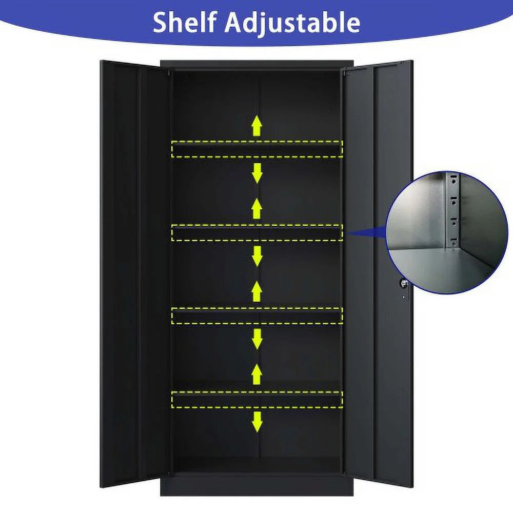 72" Black Metal Steel Storage Cabinet with Doors and 4 Shelves H2621