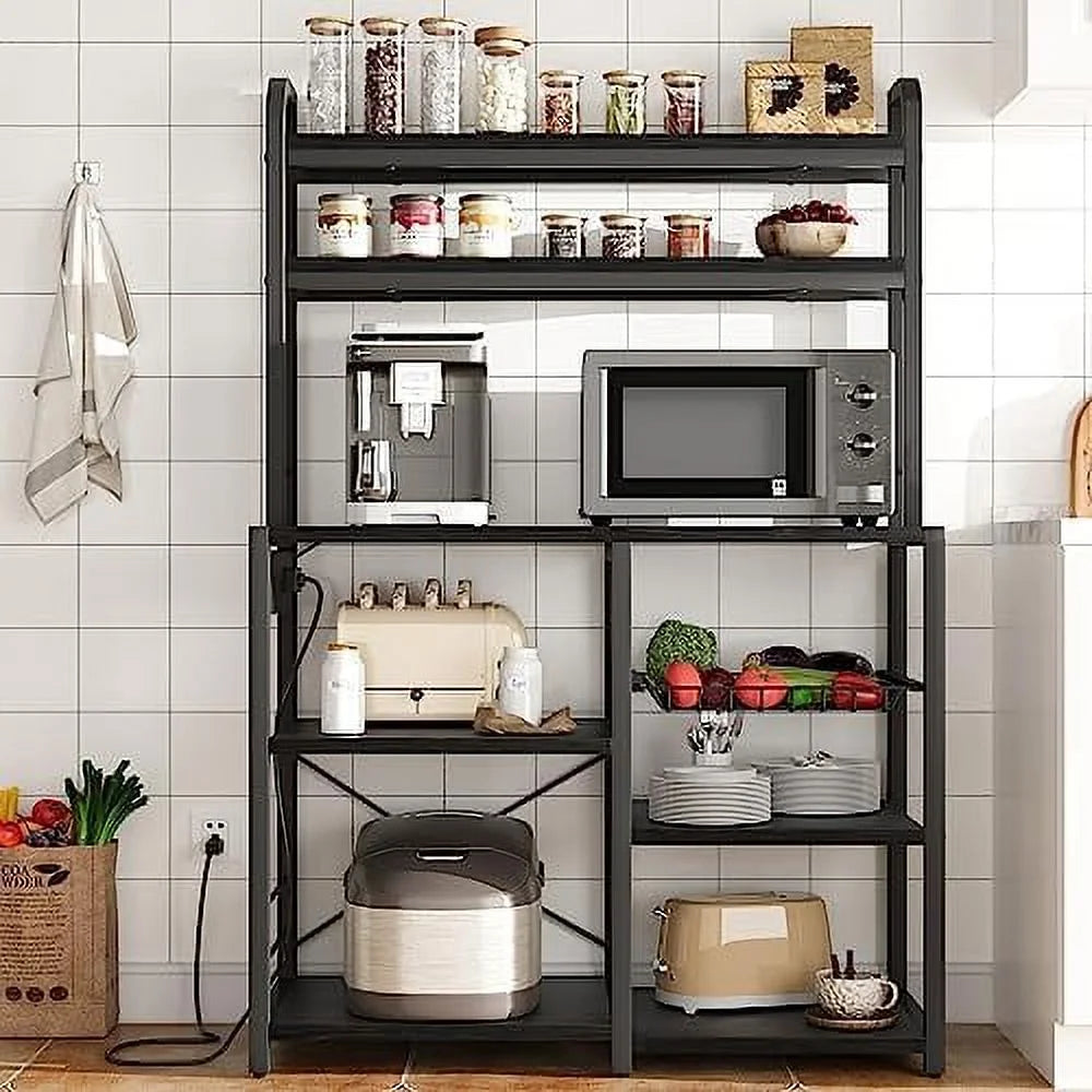 Rustic Black 6-Tier Kitchen Rack with Wire Drawer B700672