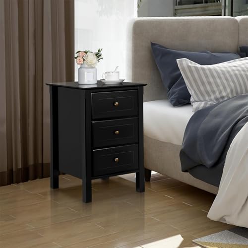 Black Bedside Table Set of 2 with 3 Drawer and Solid Wood Legs A4389