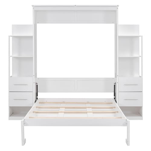 Queen Size Solid Wood Murphy Bed with Shelves and LED Lights U9459