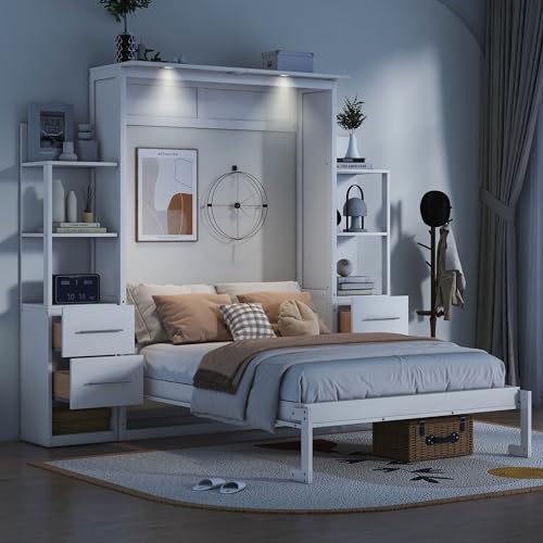 Queen Size Solid Wood Murphy Bed with Shelves and LED Lights U9459