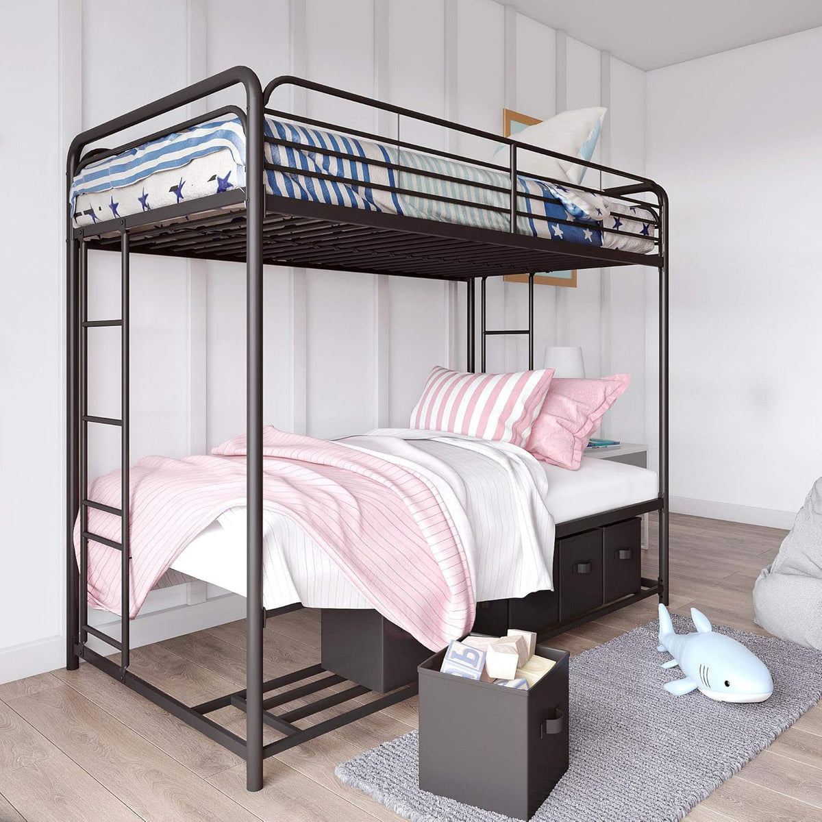 Twin/Twin Bunk Bed with Storage Bins, Black I638571
