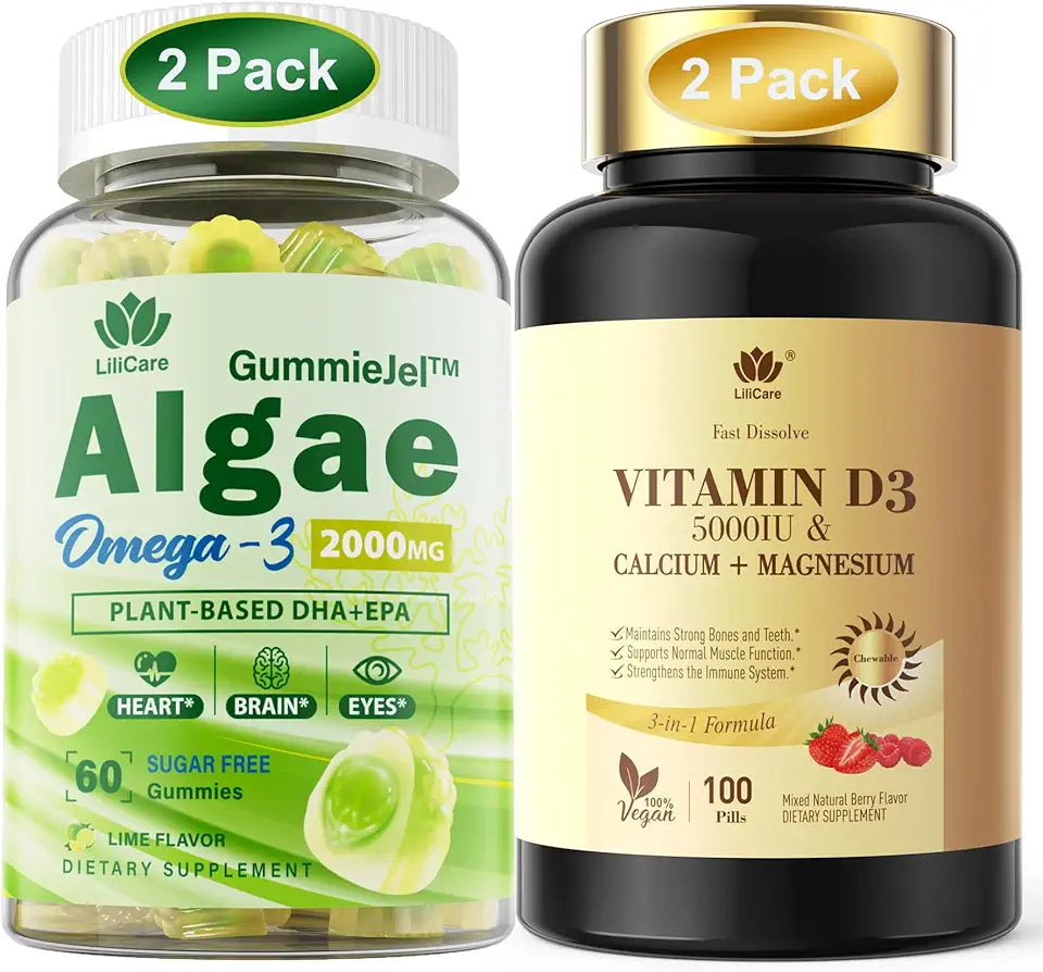 Algae Omega 3 Gummies & Fast Dissolve Vitamin D3 5000IU with Calcium & Magnesium J9278