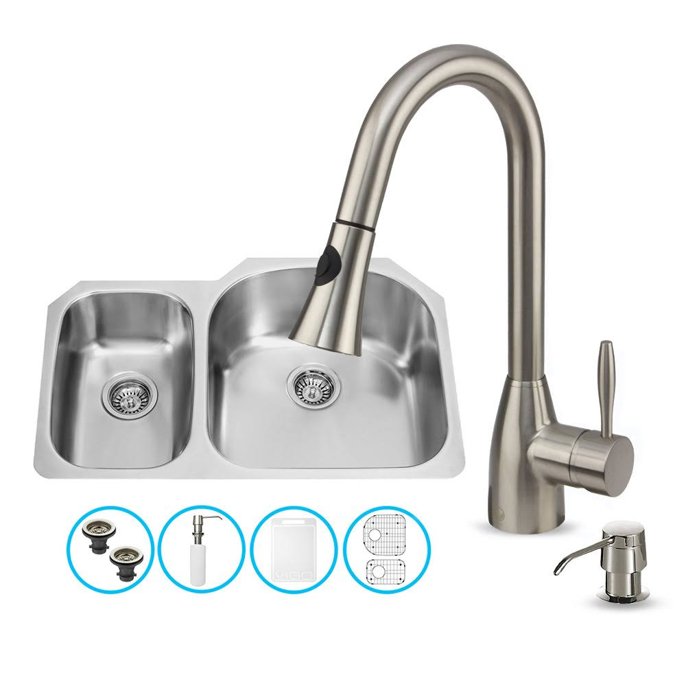 Undermount Stainless Steel Kitchen Sink with Faucet, Two Grids, Two Strainers and Dispenser V272925