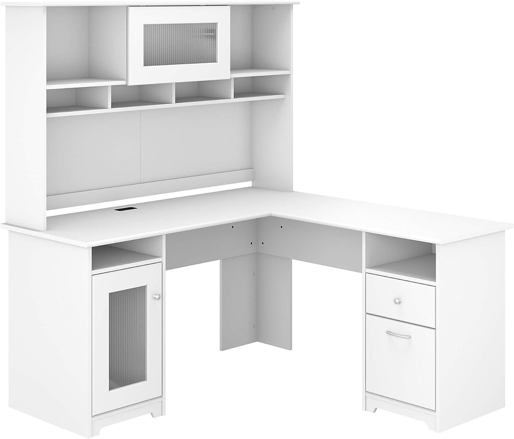 White L Shaped Computer Desk with Hutch P11122