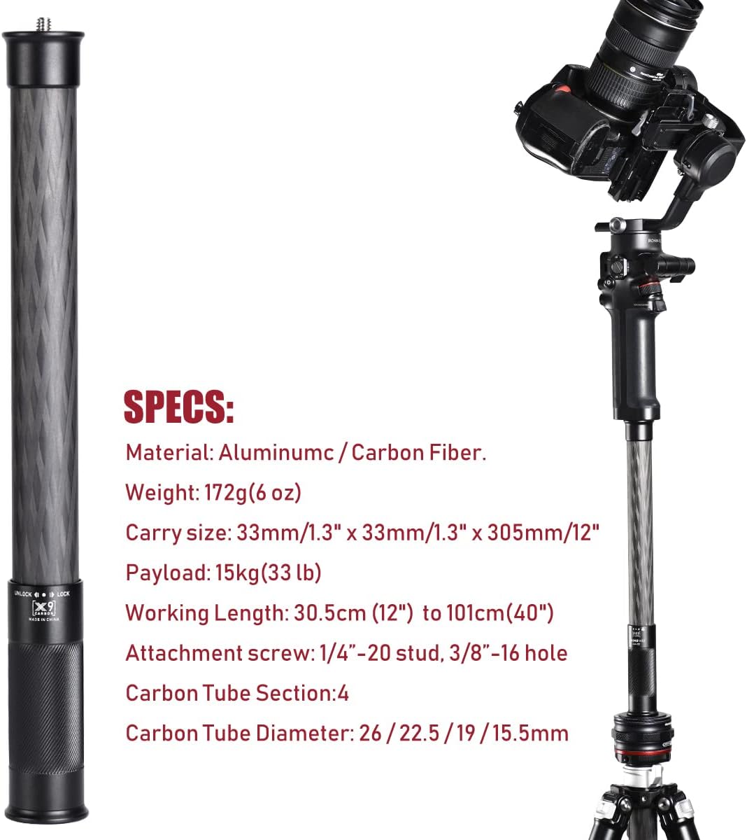 4 Section Carbon Fiber Extension Pole with 1/4 Screw Mount R71711