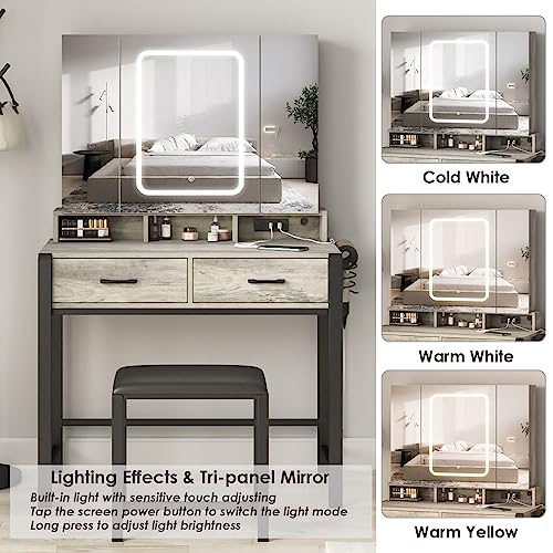 Vanity Desk with Lighted Tri-Fold Mirror and 2 Drawers W504