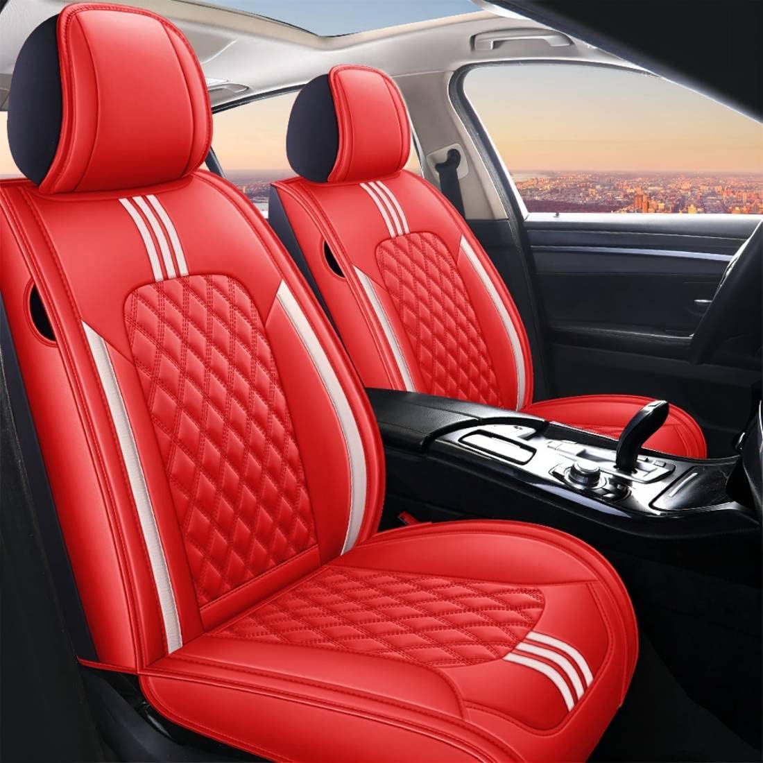 Black-red Leather Universal Car Seat Covers Full Set Q23207