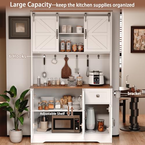 White Kitchen Pantry Cabinet with Charging Station and Microwave Stand C589164