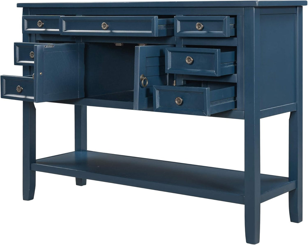 Navy Blue Console Table with 7 Drawers and Cabinet J46661