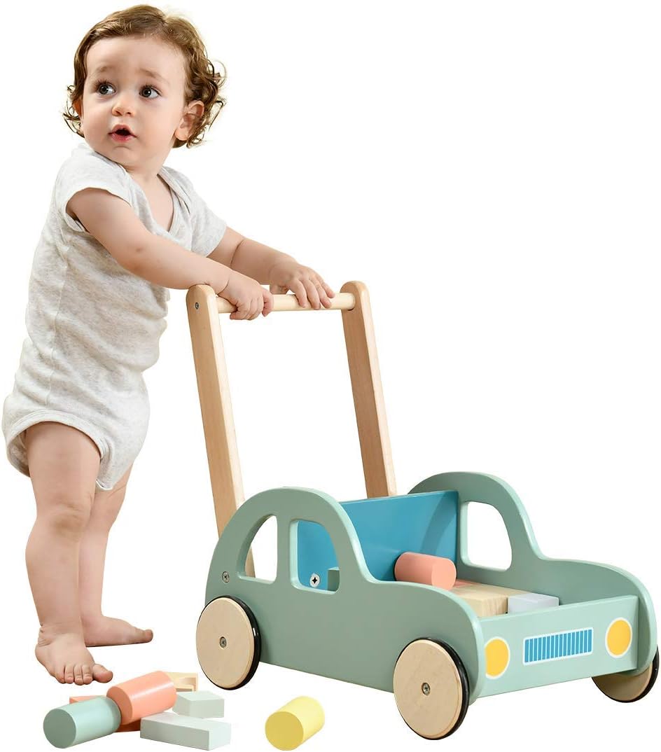 Green Wooden Baby Walker with Blocks Trolley J123810