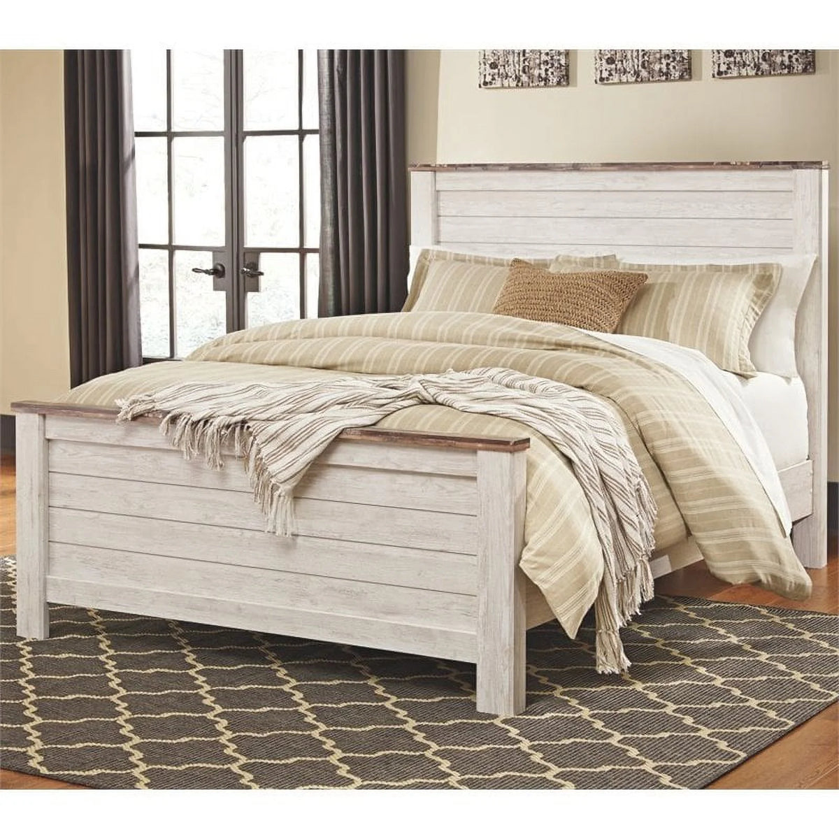 White Wood Queen Panel Bed with Headboard F601626
