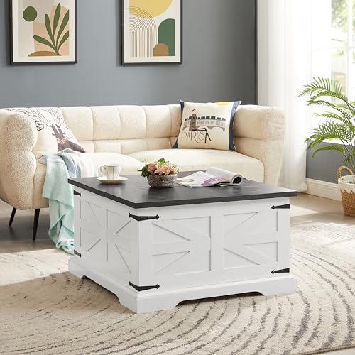 Farmhouse Lift Top Coffee Table, 31.5" Square Wood Center Table with Hidden Storage Compartment J2106