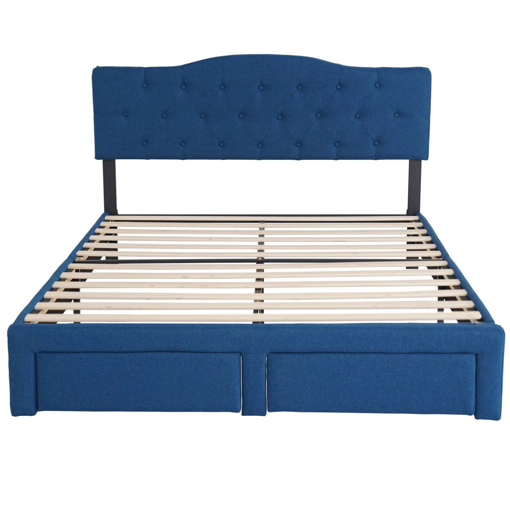 Queen Size Wood Bed Frame with Headboard Blue V773683
