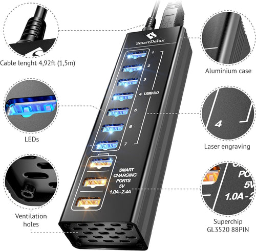 10-Port USB 3.0 Hub with Power Adapter, Black Aluminum Pack of 2 P8189