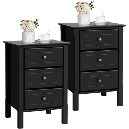 Black Bedside Table Set of 2 with 3 Drawer and Solid Wood Legs A4389