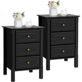 Black Bedside Table Set of 2 with 3 Drawer and Solid Wood Legs A4389