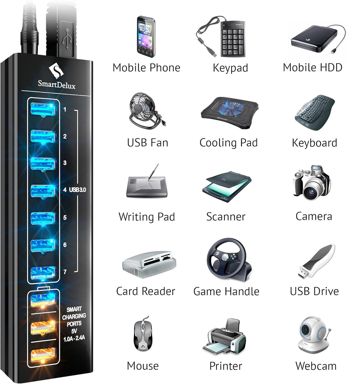 10-Port USB 3.0 Hub with Power Adapter, Black Aluminum Pack of 2 P8189