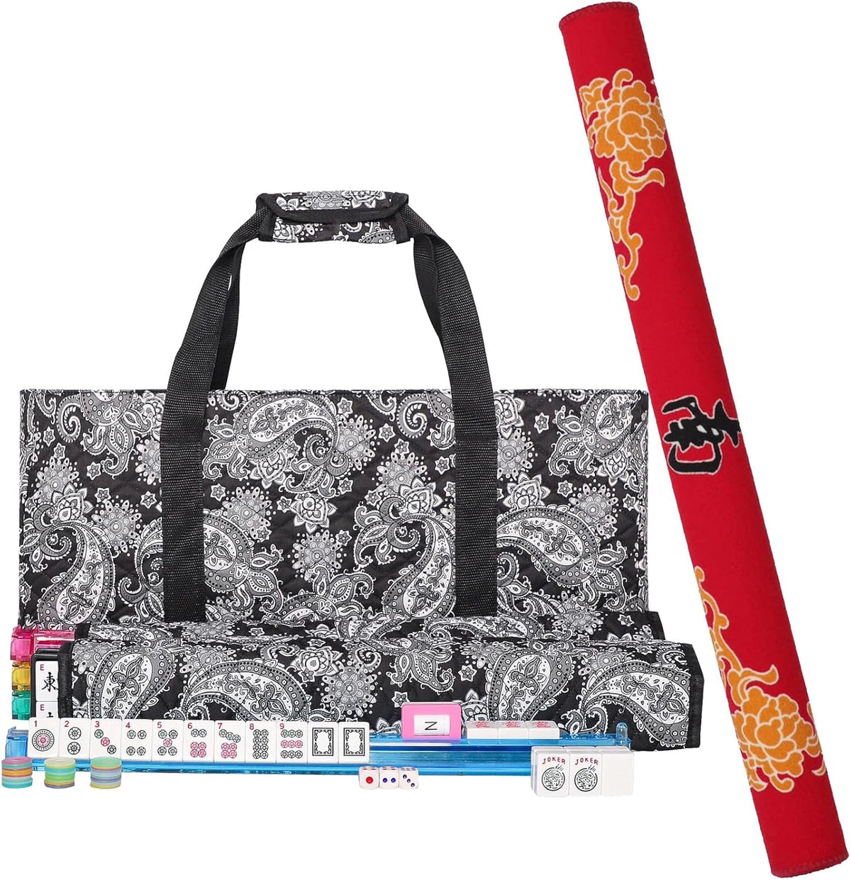 166 White Tiles Mahjong Game Set with 4 Color Rack Pushers, Black Carrying Bag, Mat with 3 Dice X16296