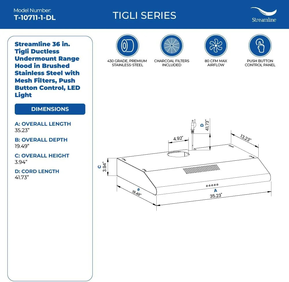 36 in. Ductless Undermount Range Hood with Mesh Filters T279