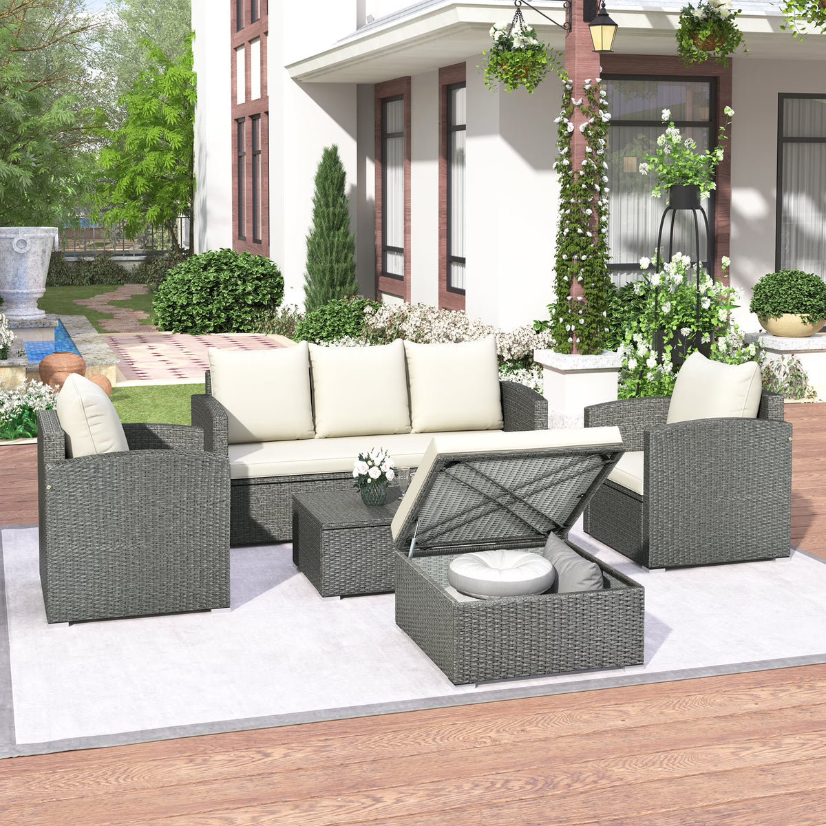 Gray Wicker Beige Cushion 5-Piece PE Rattan Sectional Sofa Set Z806708
