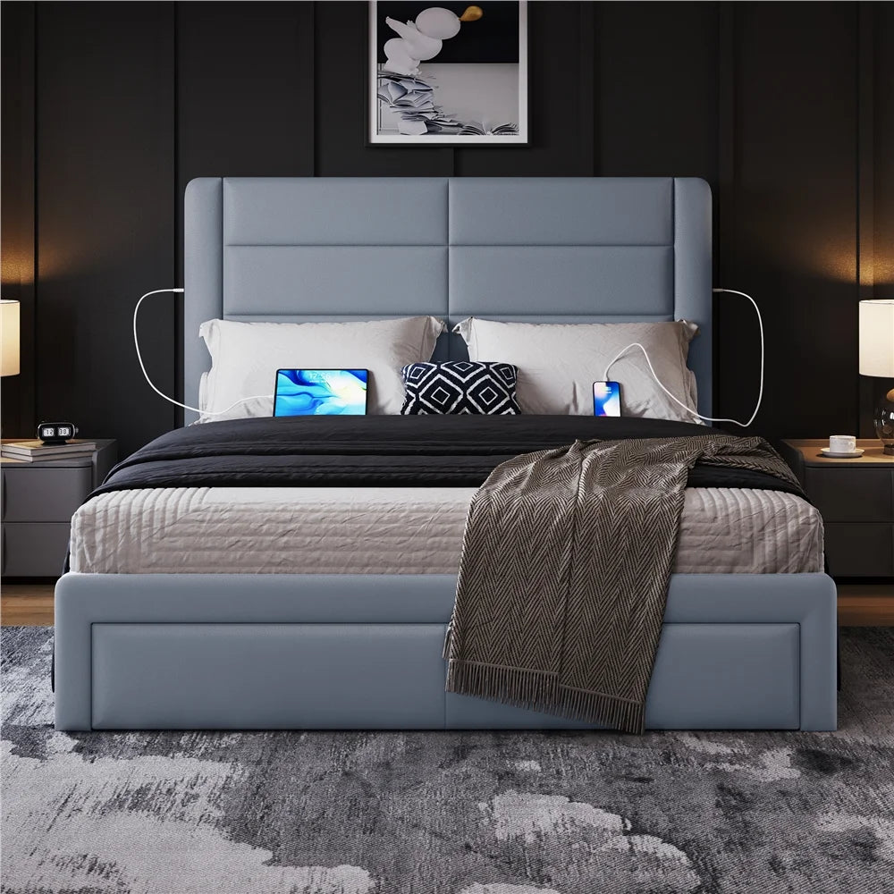 Upholstered Queen Bed with 3 Storage Drawers and USB Ports T52474