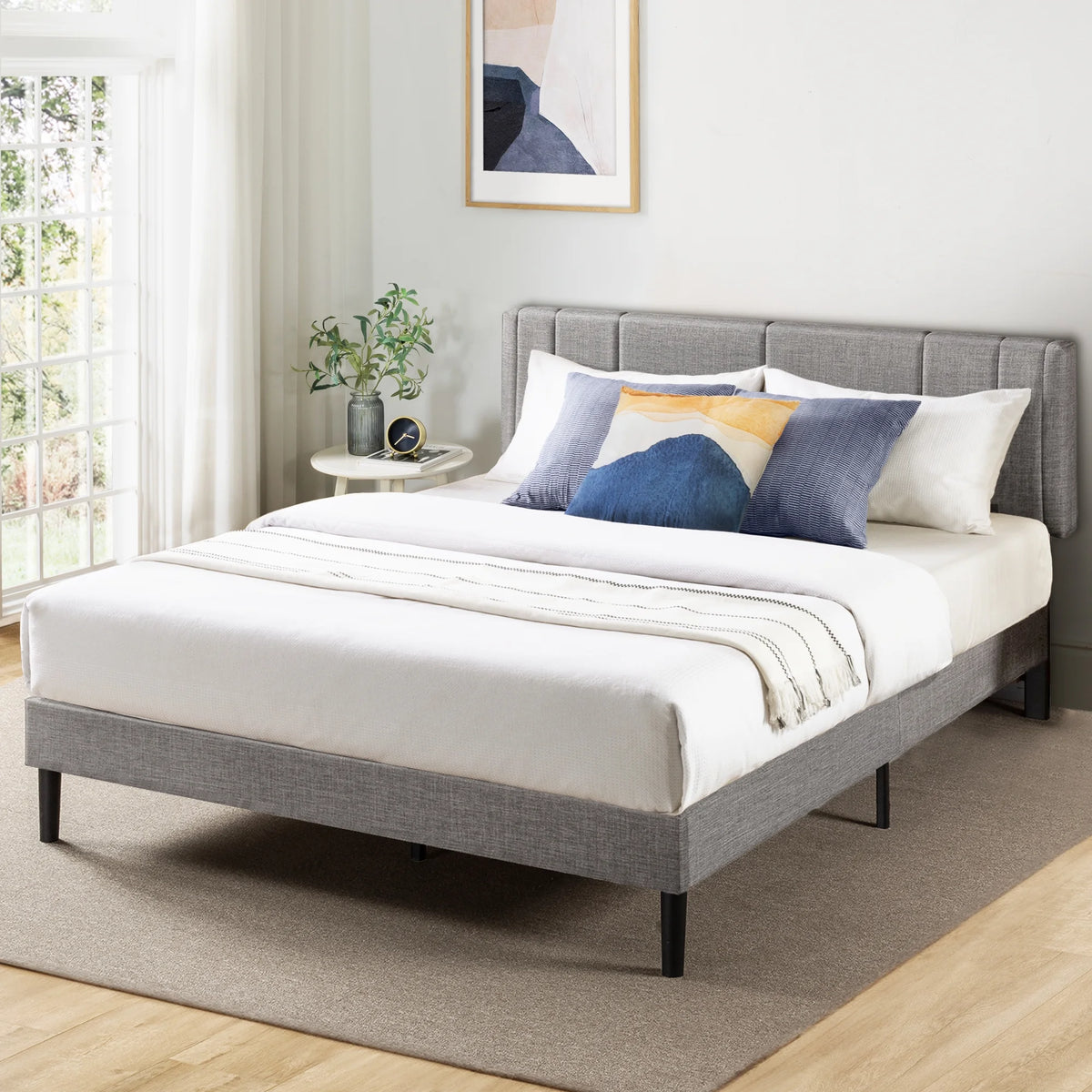 Light Grey King Upholstered Platform Bed Frame with Headboard H20896