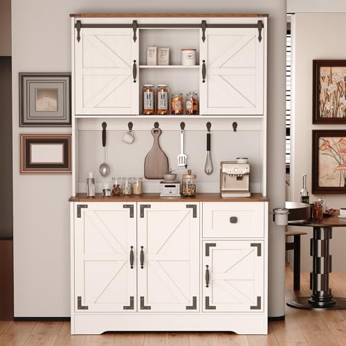 White Kitchen Pantry Cabinet with Charging Station and Microwave Stand C589164