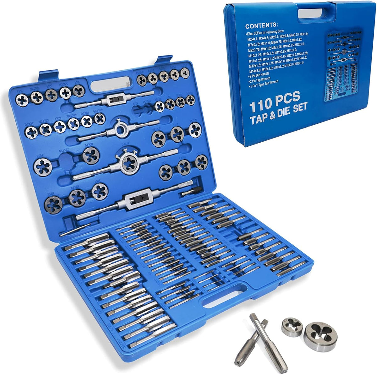 110PCS Hardened Alloy Steel Metric Tap and Die Tool Set with Storage Case K918702