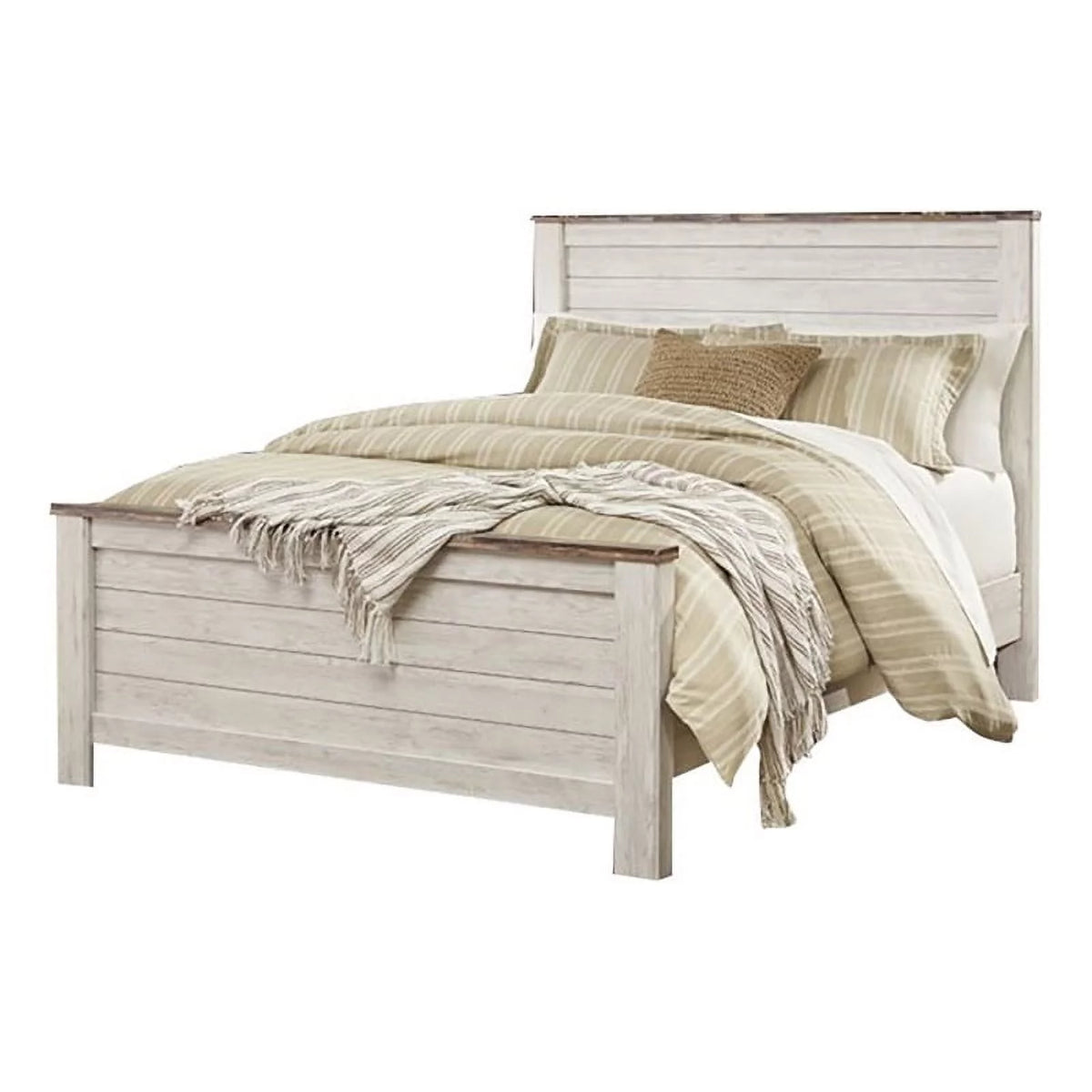 White Wood Queen Panel Bed with Headboard F601626