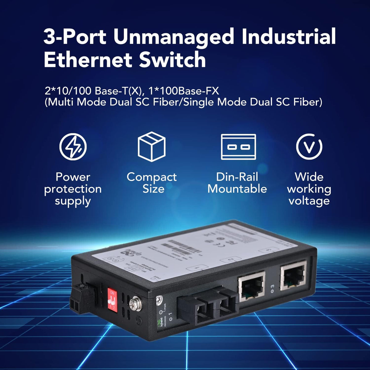 3-Port Unmanaged Industrial Ethernet Switch, Single Mode Dual SC Fiber, Pack of 2 A409595