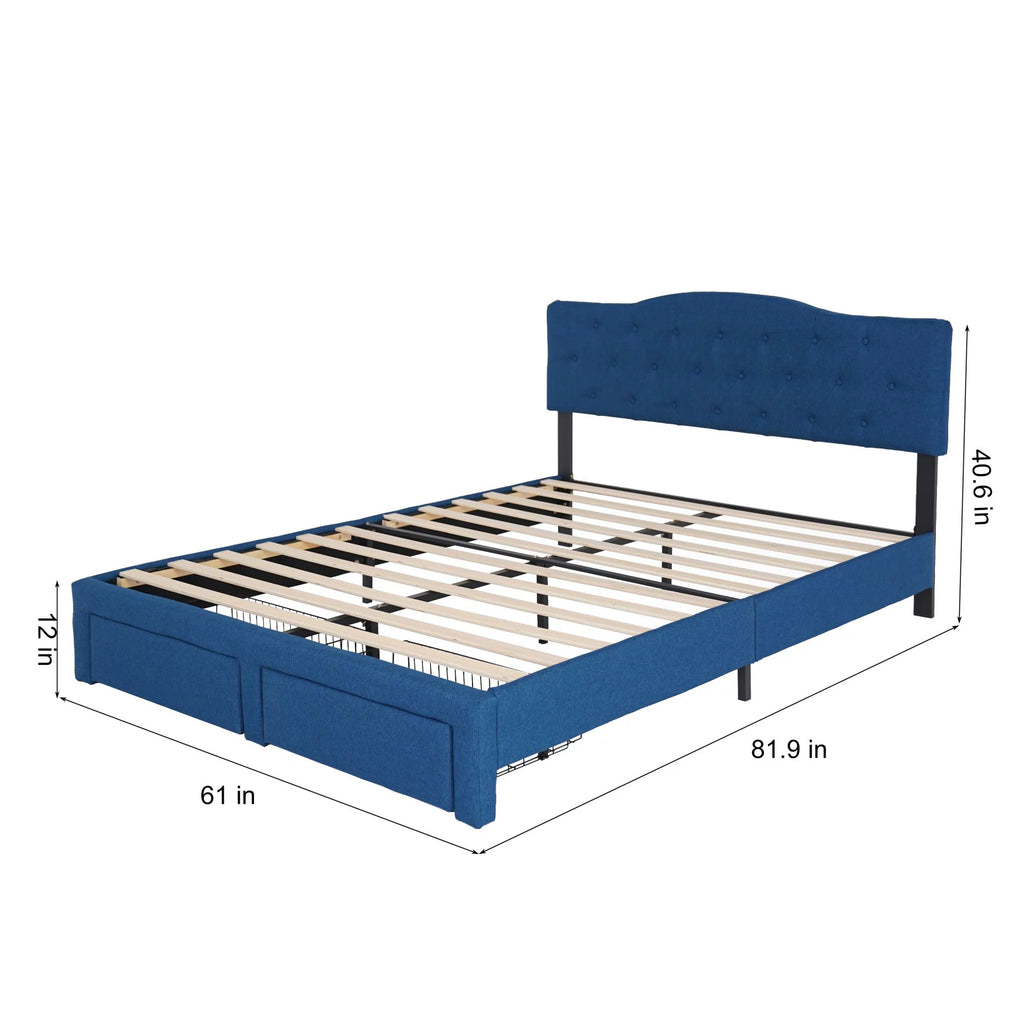 Queen Size Wood Bed Frame with Headboard Blue V773683