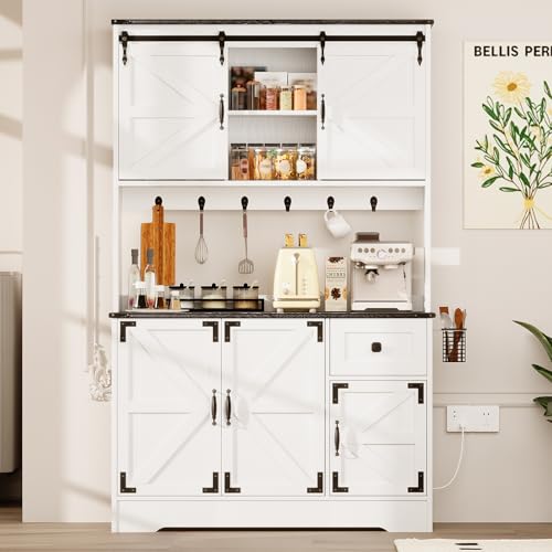 White Kitchen Pantry Cabinet with Charging Station and Microwave Stand C589164