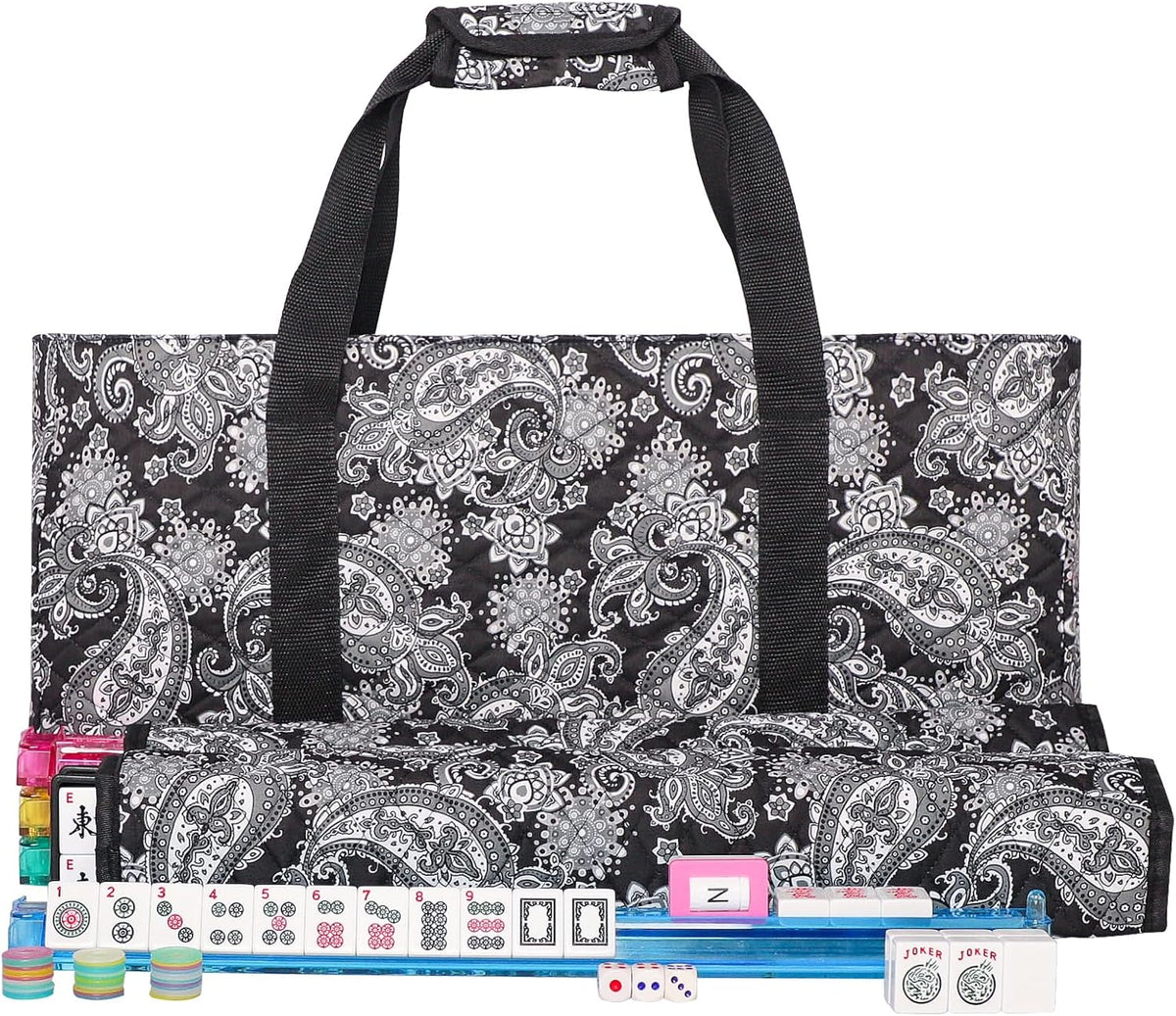 166 White Tiles Mahjong Game Set with 4 Color Rack Pushers, Black Carrying Bag, Mat with 3 Dice X16296
