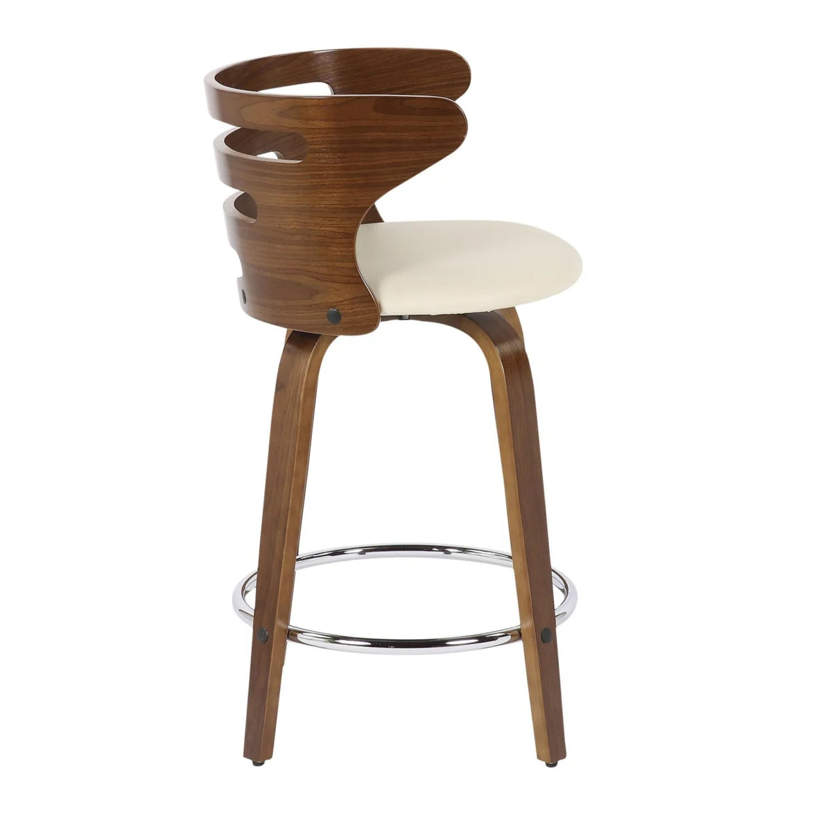 Mid-Century Modern Counter Stool With Swivel In Walnut And Cream Faux Leather - Set Of 2 Y174