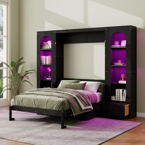 White Queen Size Wood Murphy Bed with Desk and Storage Q322931