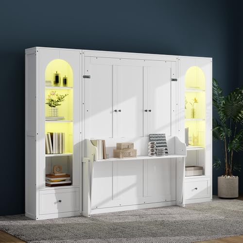 White Queen Size Wood Murphy Bed with Desk and Storage Q322931