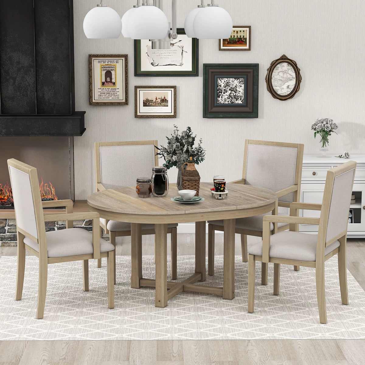 5-Piece Extendable Wood Dining Table Set with 4 Upholstered Chairs T318090
