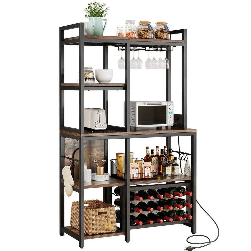 5 Tier Coffee Bar Station with Wine Rack and Power Outlet J344