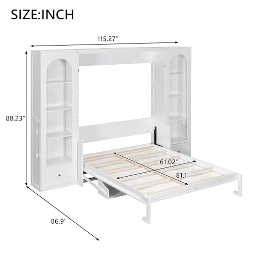 White Queen Size Wood Murphy Bed with Desk and Storage Q322931