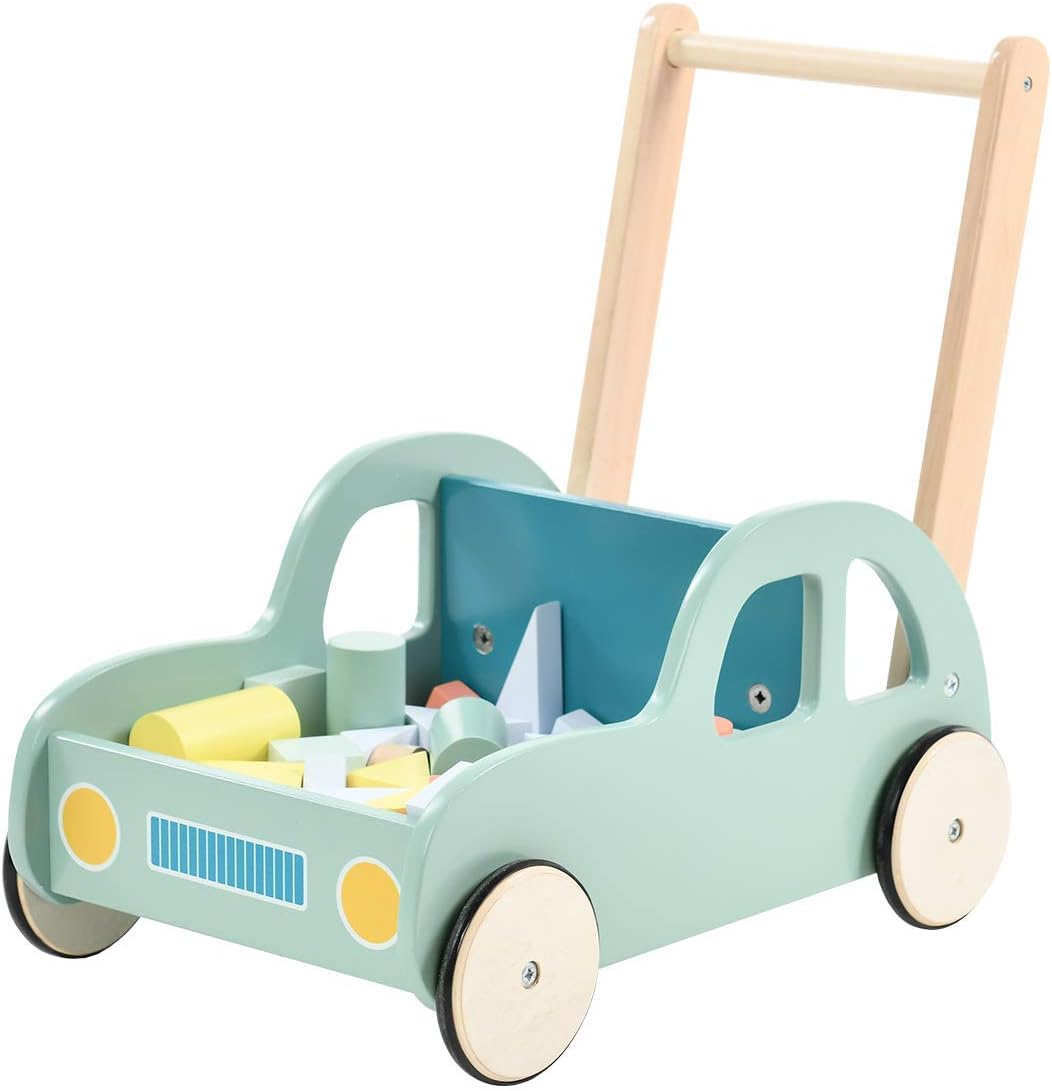 Green Wooden Baby Walker with Blocks Trolley J123810