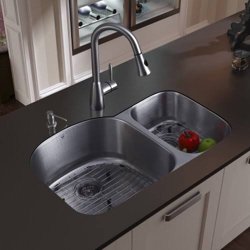 Undermount Stainless Steel Kitchen Sink with Faucet, Two Grids, Two Strainers and Dispenser V272925