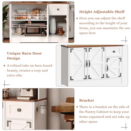 White Kitchen Pantry Cabinet with Charging Station and Microwave Stand C589164